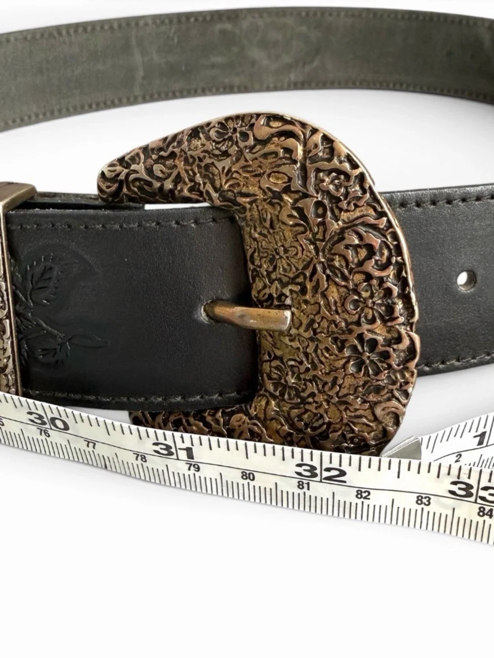 AXCESS Black Leather Belt M Ornate Gold Tone Floral Buckle Made in Italy